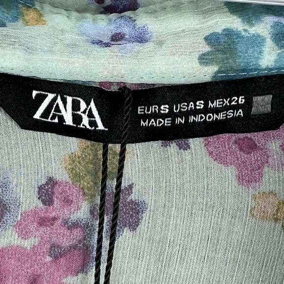Zara NWT Womens S Floral Wrap Blouse Bell Sleeves Fairy Pastel Chiffon Crop Top - Picture 12 of 15